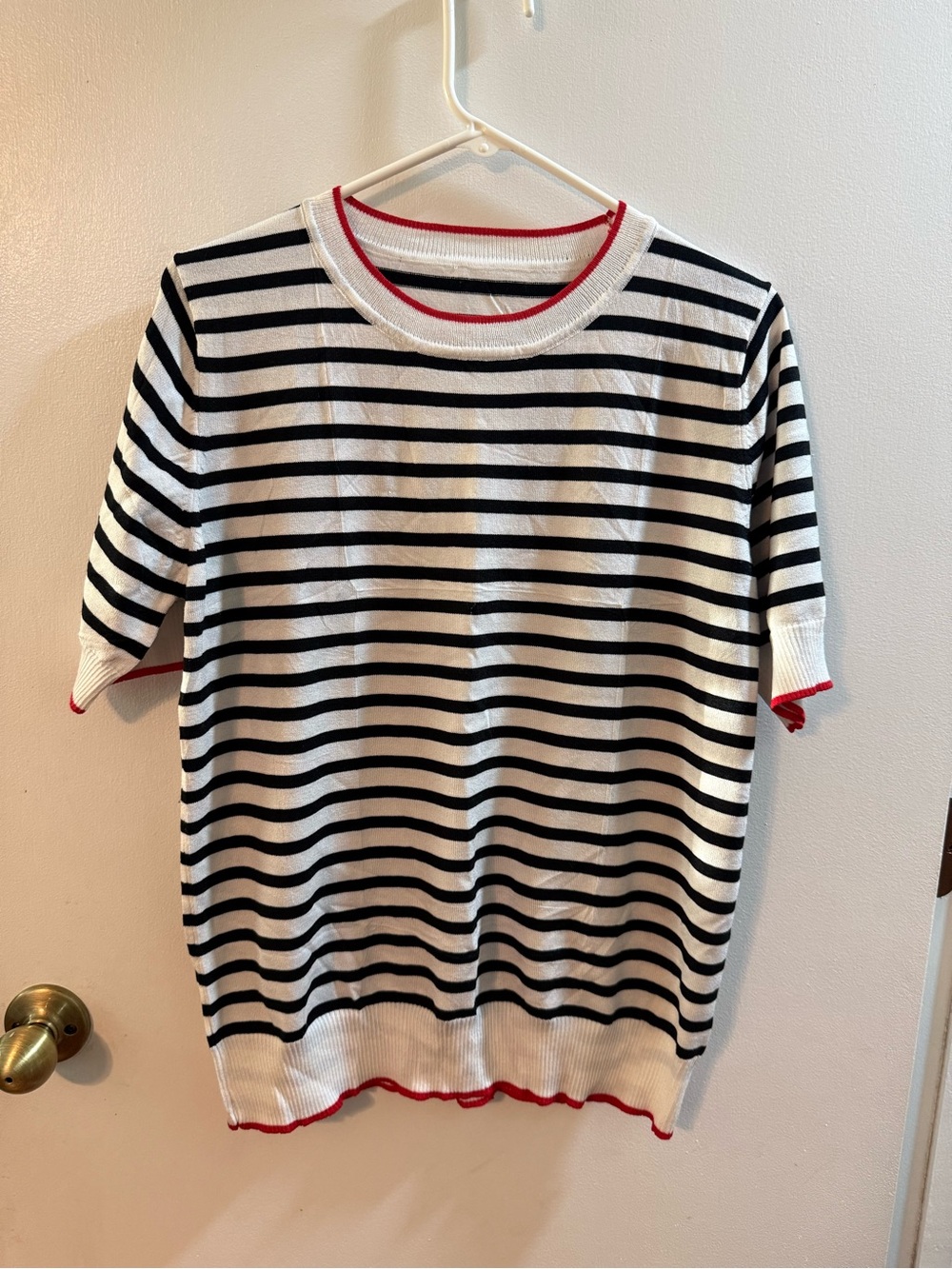 Striped Knit Top Short Sleeve Black White Red Trim Nautical Chic Preppy Size L